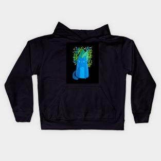 Cat and foliage - blue and green and black Kids Hoodie